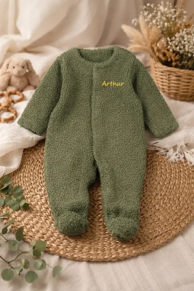 Pyjama bébé chaud personnalisable avec broderie Kaki / Rose / Blanc – Mellipou