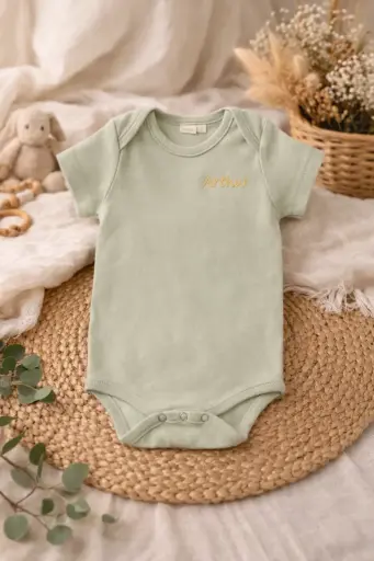 Body manches courtes personnalisable avec broderie blanc / sauge / rose – Tutete